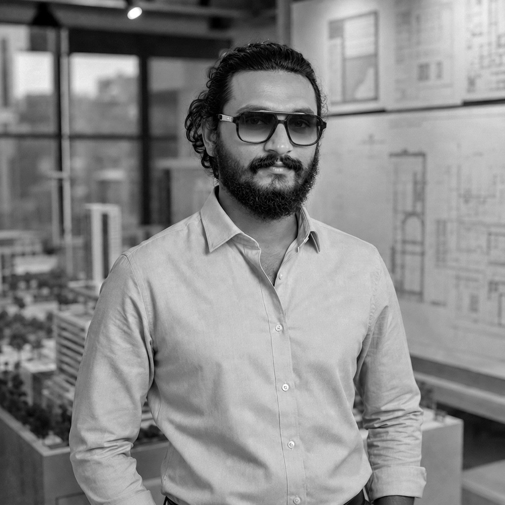 Aatish Kumar, photographed beside an urban design model.